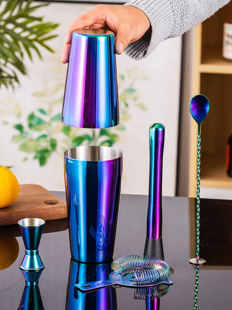 Set da bar shaker per cocktail arcobaleno da 5 pezzi, barattoli shaker Boston, kit da barista con shaker per bevande miste da 750 ml