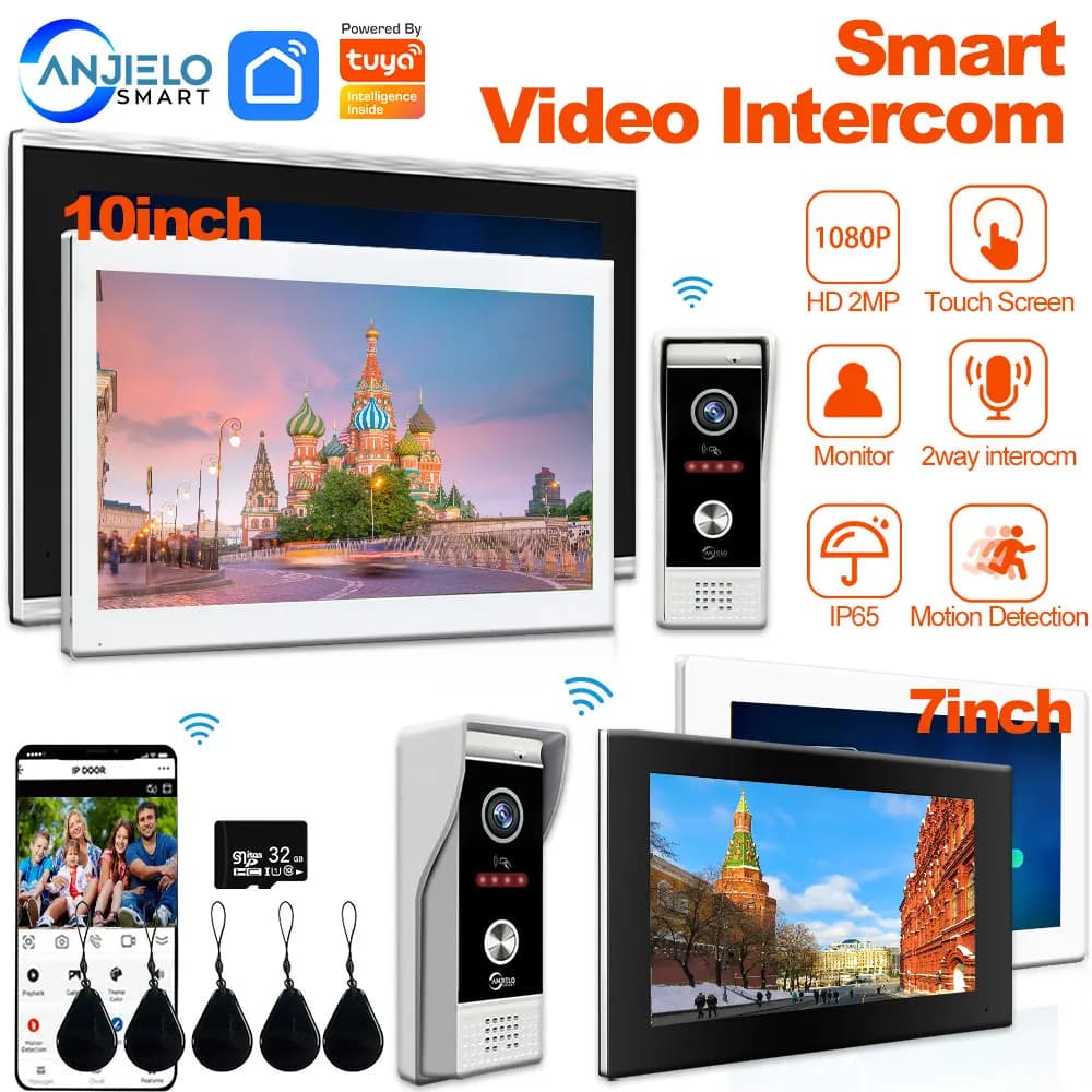 ANJIELO 7 pollici 10 1080P Wifi Video Campanello Citofono Tuya Smart Home Citofono RFID Sistema di controllo accessi per Villa Appartamento