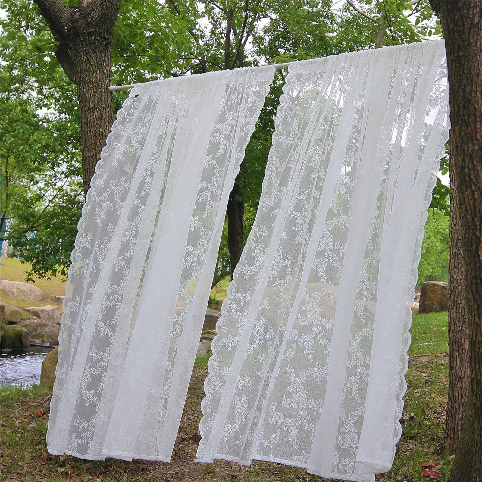 Pannello per tende tascabili con asta trasparente in pizzo floreale bianco Filtraggio della luce ariosa semitrasparente per il trattamento delle finestre del soggiorno della camera da letto