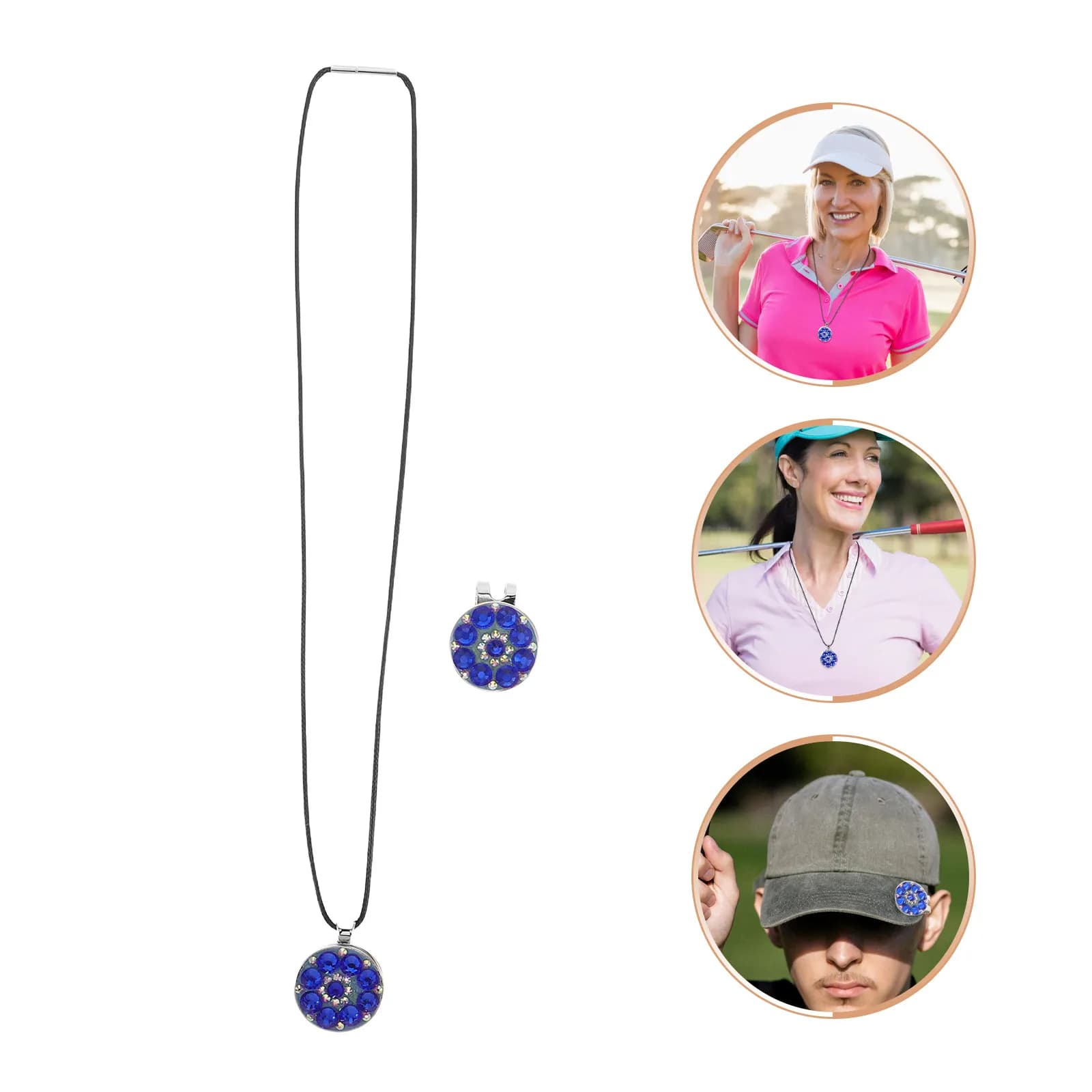 Set Collana con Marcatore per Palline da Golf: Clip per Cappello e Collana con Ciondolo Scintillante - Accessori da Golfista con Clip in Cristallo
