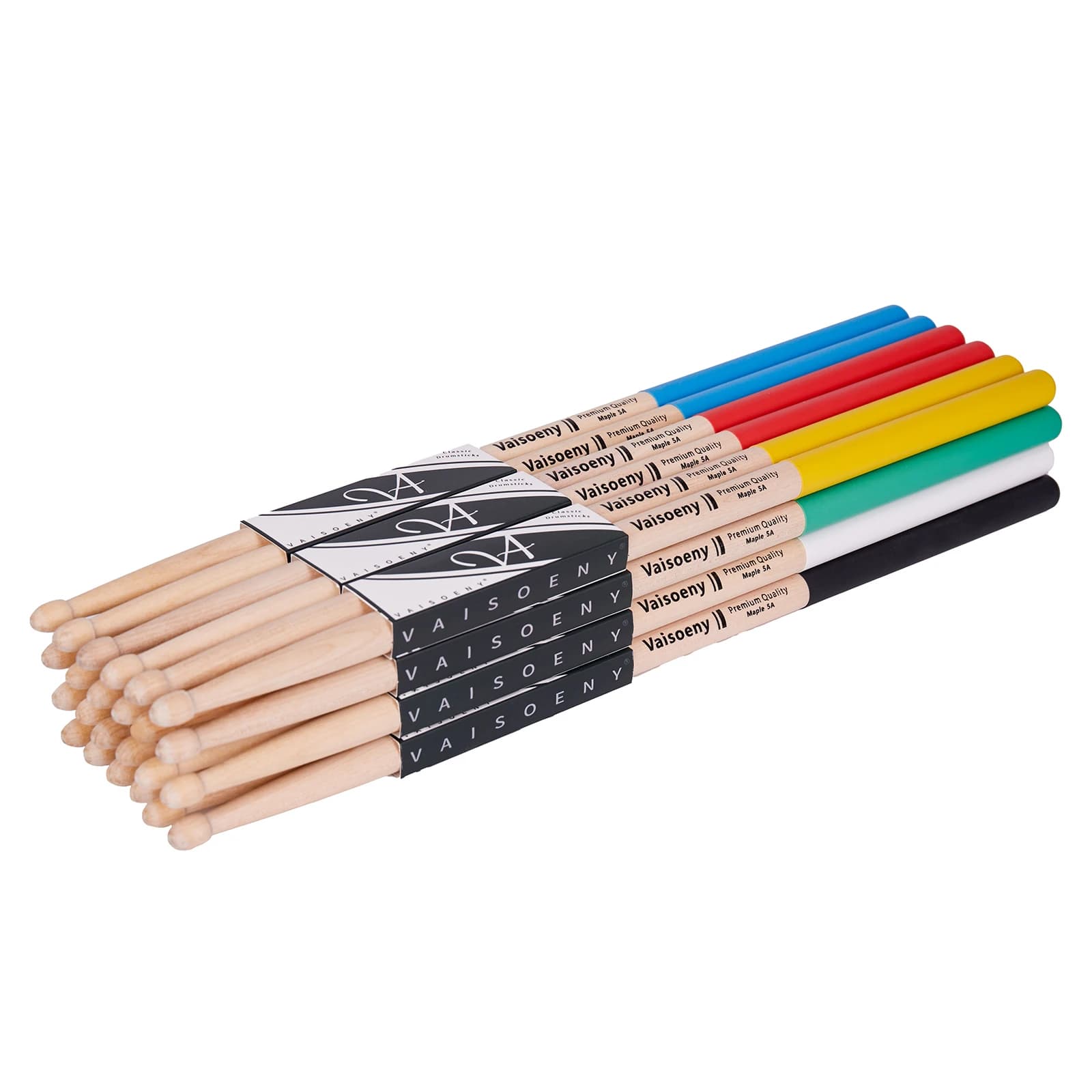 12 Pairs Classic 5A/7A Maple Wood-Tip Drumsticks, Non-Slip Rubber Grip, 6 Colors, for Adults & Beginners (FM-FH-5A/7A-12P)