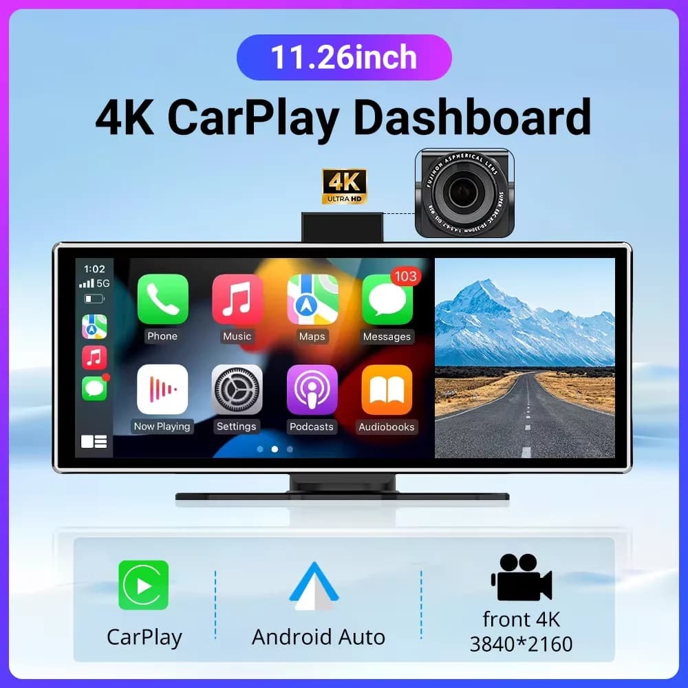 NUOVO 11.26 pollici 4K DVR Wireless CarPlay e Android Auto Portatile Dash Cam IPS Touch Screen Bluetooth Audio Doppia Lente Registratore
