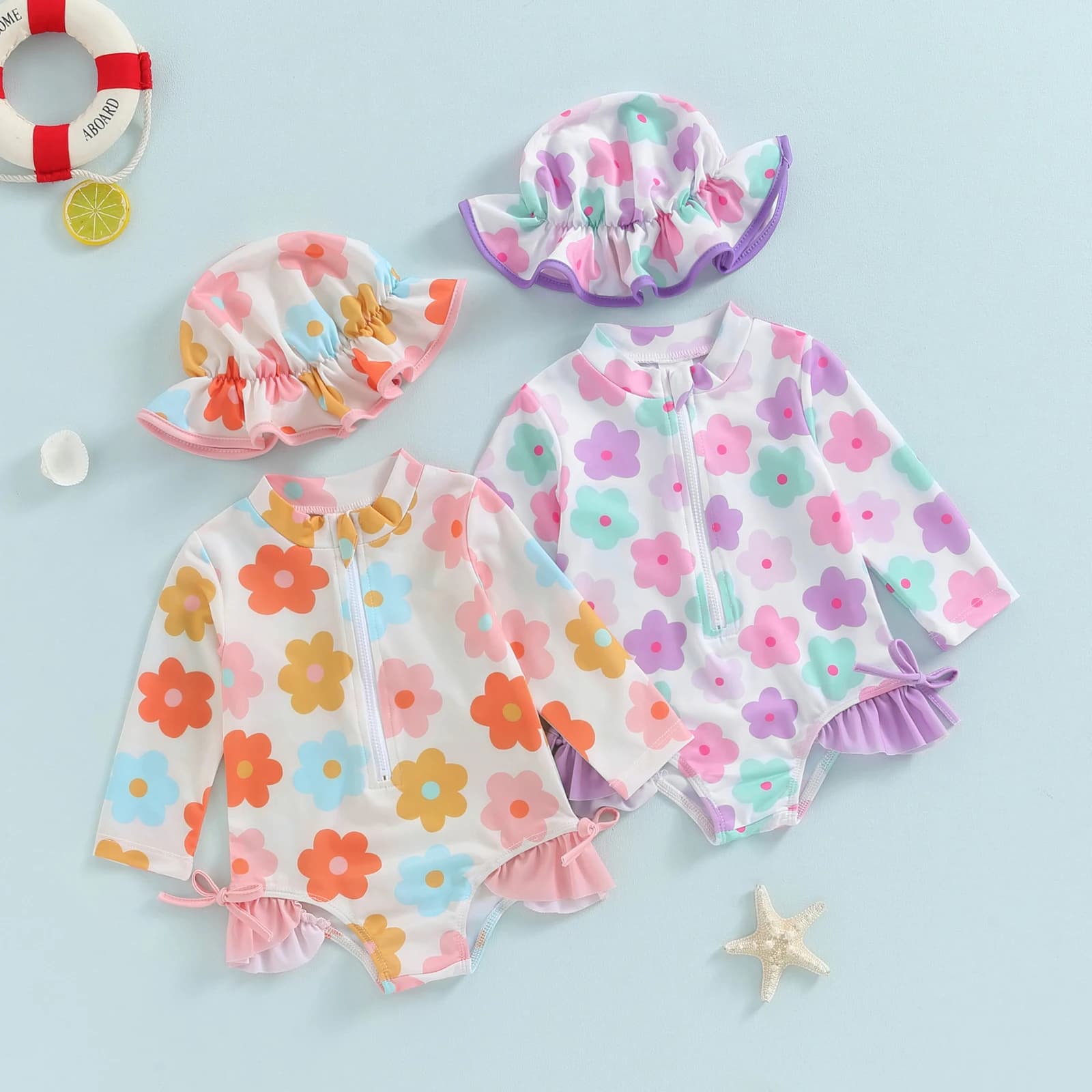 Tregren Toddler Infant neonate costume da bagno Flower Print Zipper manica lunga costumi da bagno Bow Swim Cap Beach costume da bagno Monokini