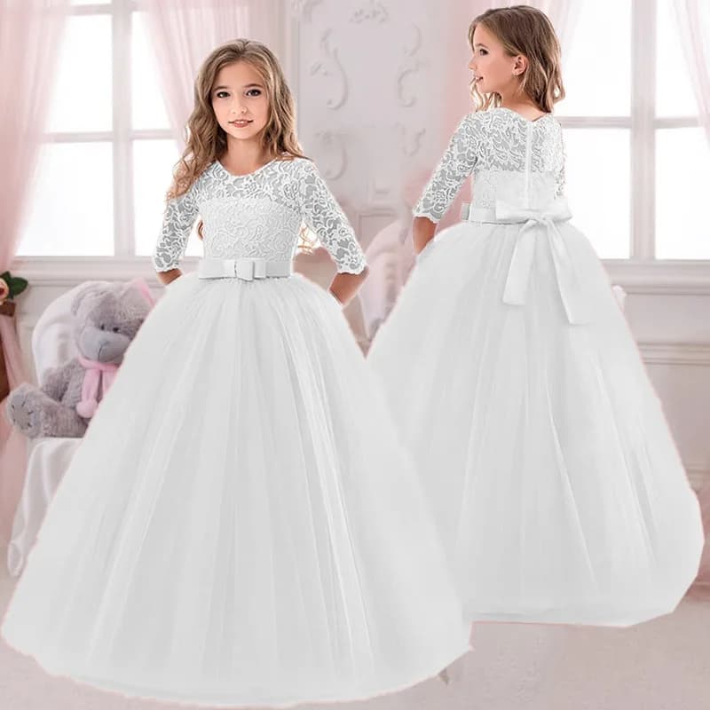 Abito da principessa con fiocco ricamato in pizzo per ragazze, abito in tulle a maniche lunghe per la prima comunione, damigella d'onore, matrimonio, festa di compleanno