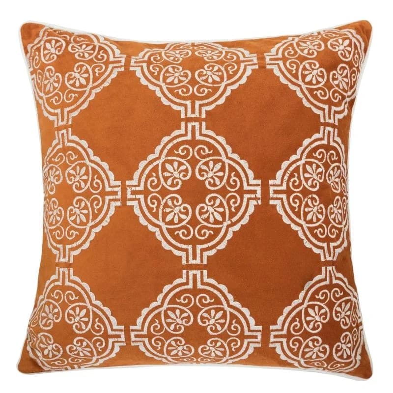 Coppia di Cuscini Ricamati Damascati Arancione Bruciato – Set di Cuscini Geometrici Boho