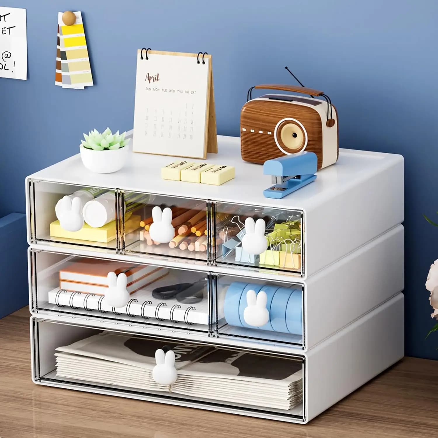 Organizzatore da Scrivania Impilabile a 6 Cassetti, Contenitore in Plastica a 3 Livelli per Ufficio, Scuola, Casa