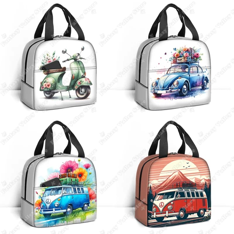 Borsa per il pranzo con stampa per auto da viaggio ad acquerello borsa per il pranzo con fiori per autobus scolastici per motociclette elettriche all'aperto borse per il pranzo termiche portatili regalo