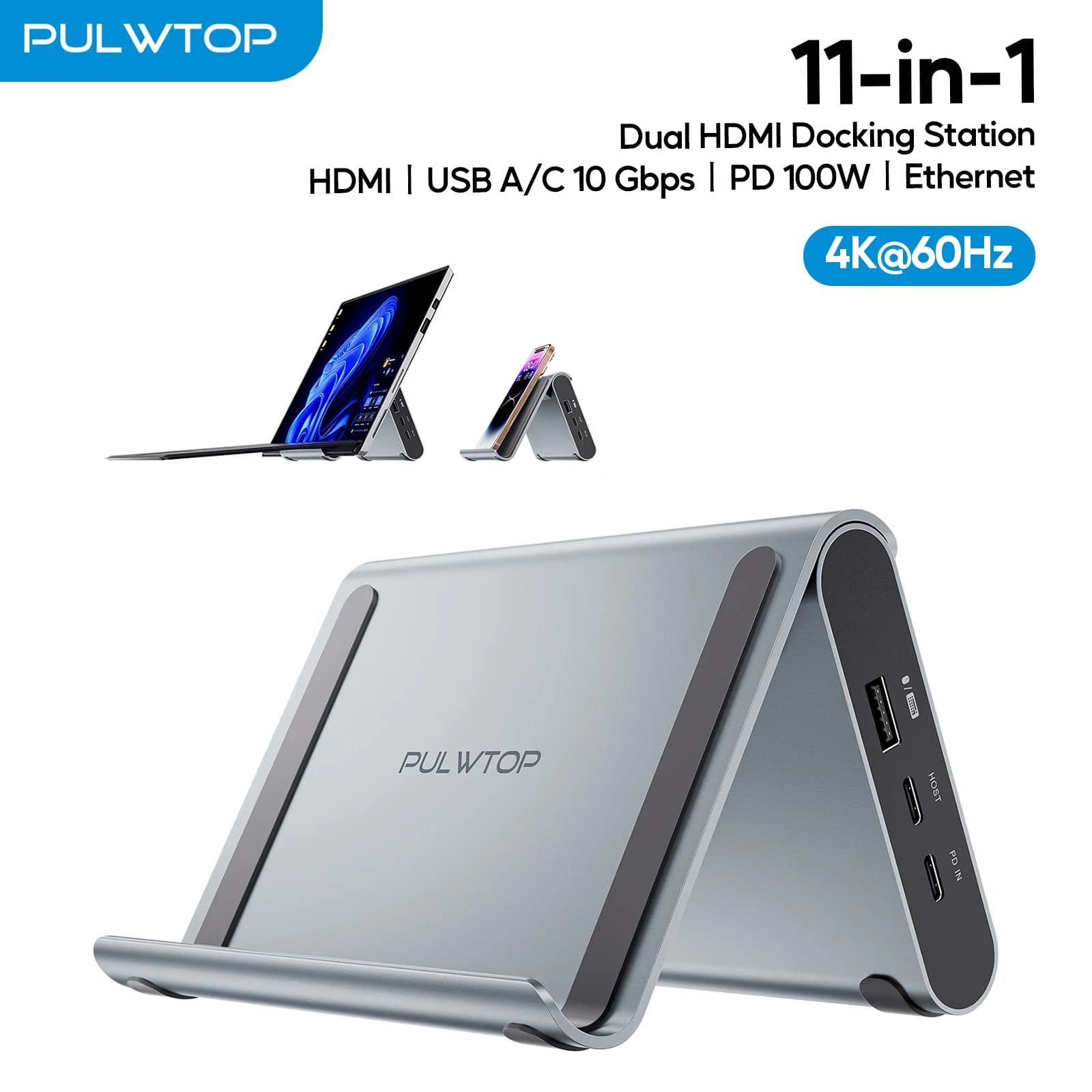 PULWTOP Docking Station USB C doppio monitor, con 2 xHDMI 4K, USB-C/A 10 Gbps, Ethernet, PD per Microsoft Surface Pro 11/10/9/8