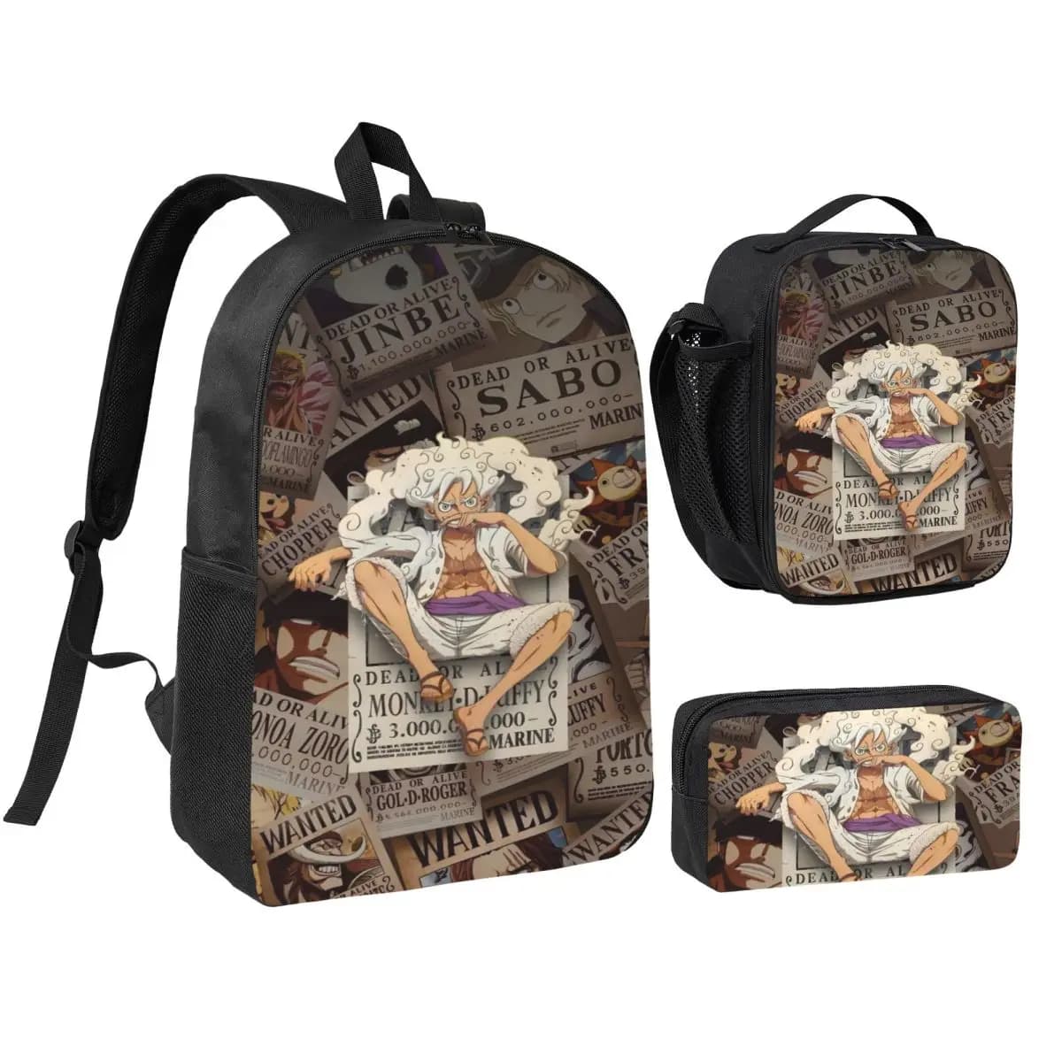 Set di 3 zaini Luffy One Piece per bambini, con astucci, borsa per libri e borsa termica per il pranzo, per studenti delle scuole primarie.
