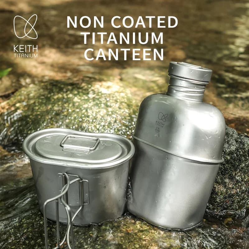 KEITH Pure Titanium Canteen Mess Kit, Ultralight Water Bottle & Cooking Pot Set with Pouch for Outdoor Camping Hiking TI3060
