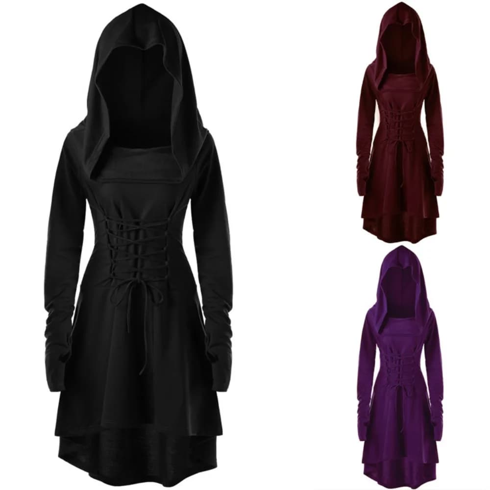 Costumi da arciere medievale rinascimentale vintage da donna, abito con cappuccio, pullover con lacci, abito lungo con cappuccio, mantello, festa di Halloween