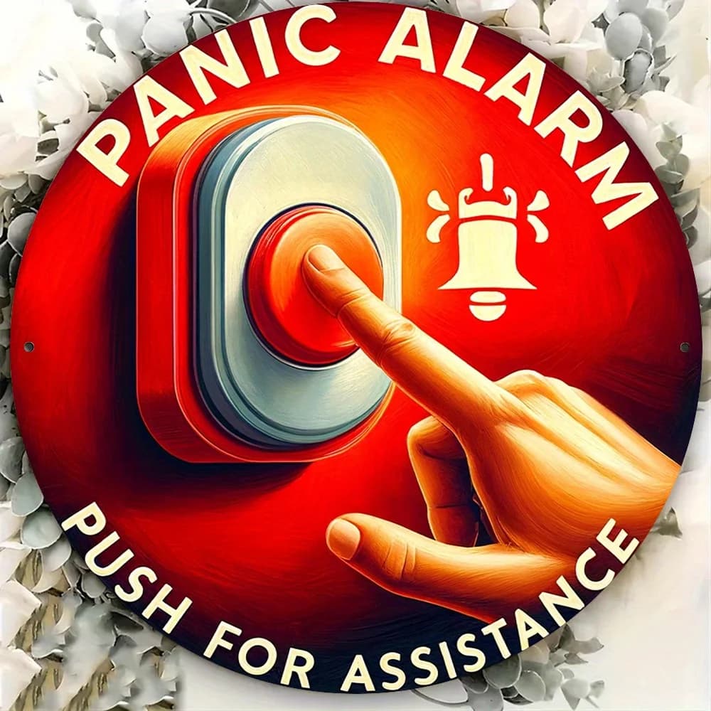Stampa piatta 2D, 1 pezzo, targa in metallo, targa rotonda in metallo con design a pulsante di allarme di emergenza, adatta per la porta della stanza