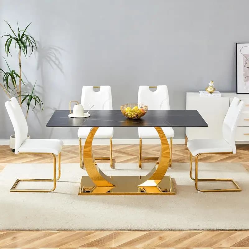Set tavolo da pranzo in pietra sinterizzata con 4 sedie bianche uniche e gambe in metallo dorato, piano con struttura nera da 63 x 31,5 pollici, design moderno