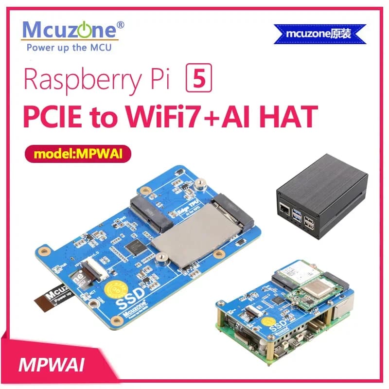 MPWAI, Raspberry Pi 5 PCIE a WiFi7+AI HAT,AI per RPi5 (Hailo-8), WiFi7 (BE200), supporto RPi OS