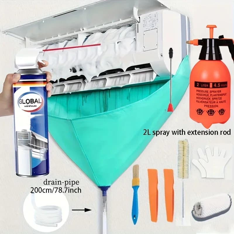 8 pezzi 90 cm/35,4 pollici addensato appeso kit copertura pulizia aria condizionata 9000-18000BTU con tubo di drenaggio spazzola spray set estivo