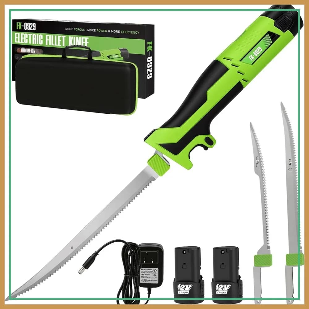 Coltello elettrico per filettare senza fili da 12 V con lame da 8'' e 10'', blocco di sicurezza, impugnatura antiscivolo, 2 batterie ricaricabili, caricabatterie rapido e borsa per il trasporto per la pesca all'aperto
