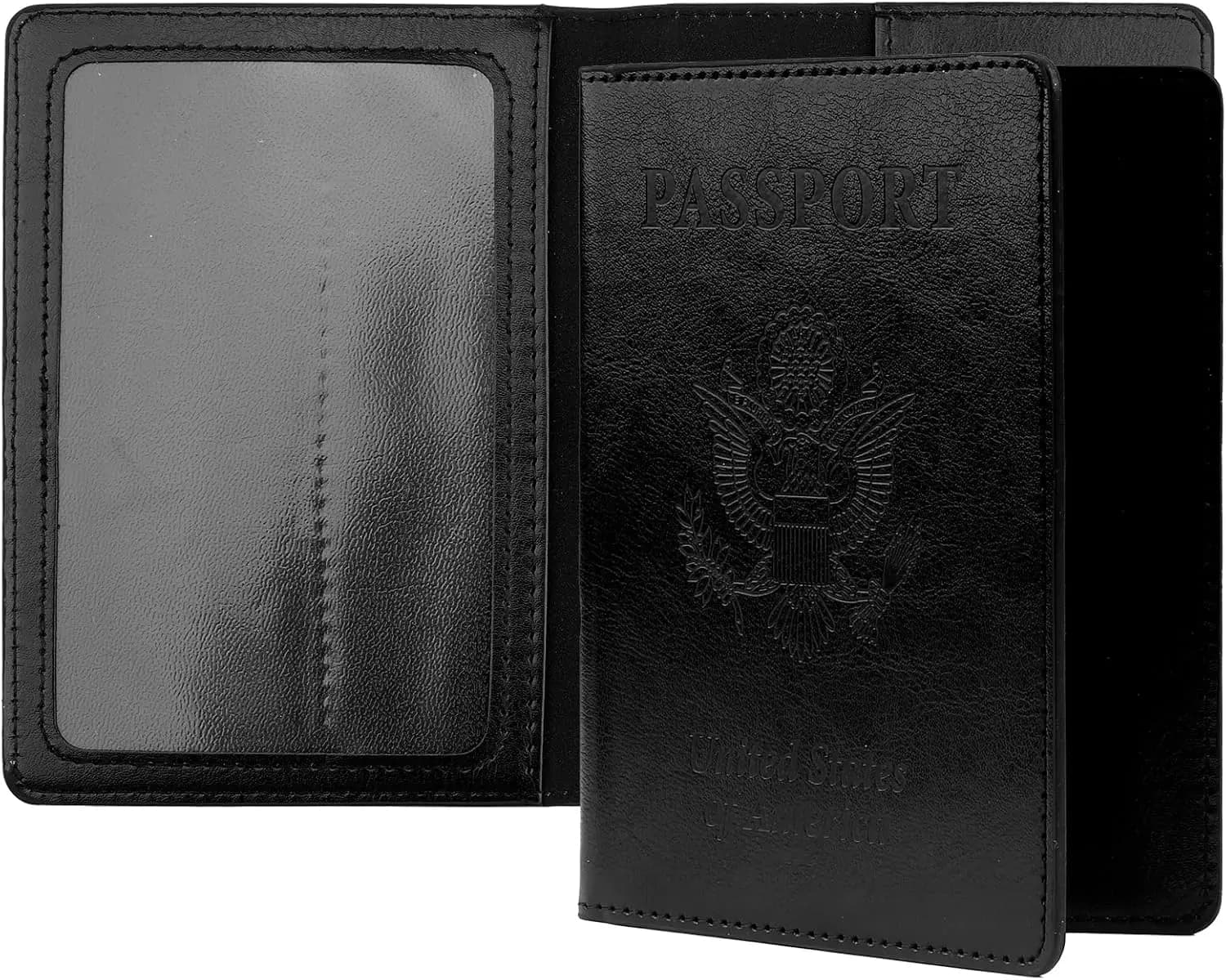 Porta Passaporto in Pelle Nera da Uomo con Slot per Scheda Vaccinale, Portafoglio Sottile da Viaggio per Documenti e Carte