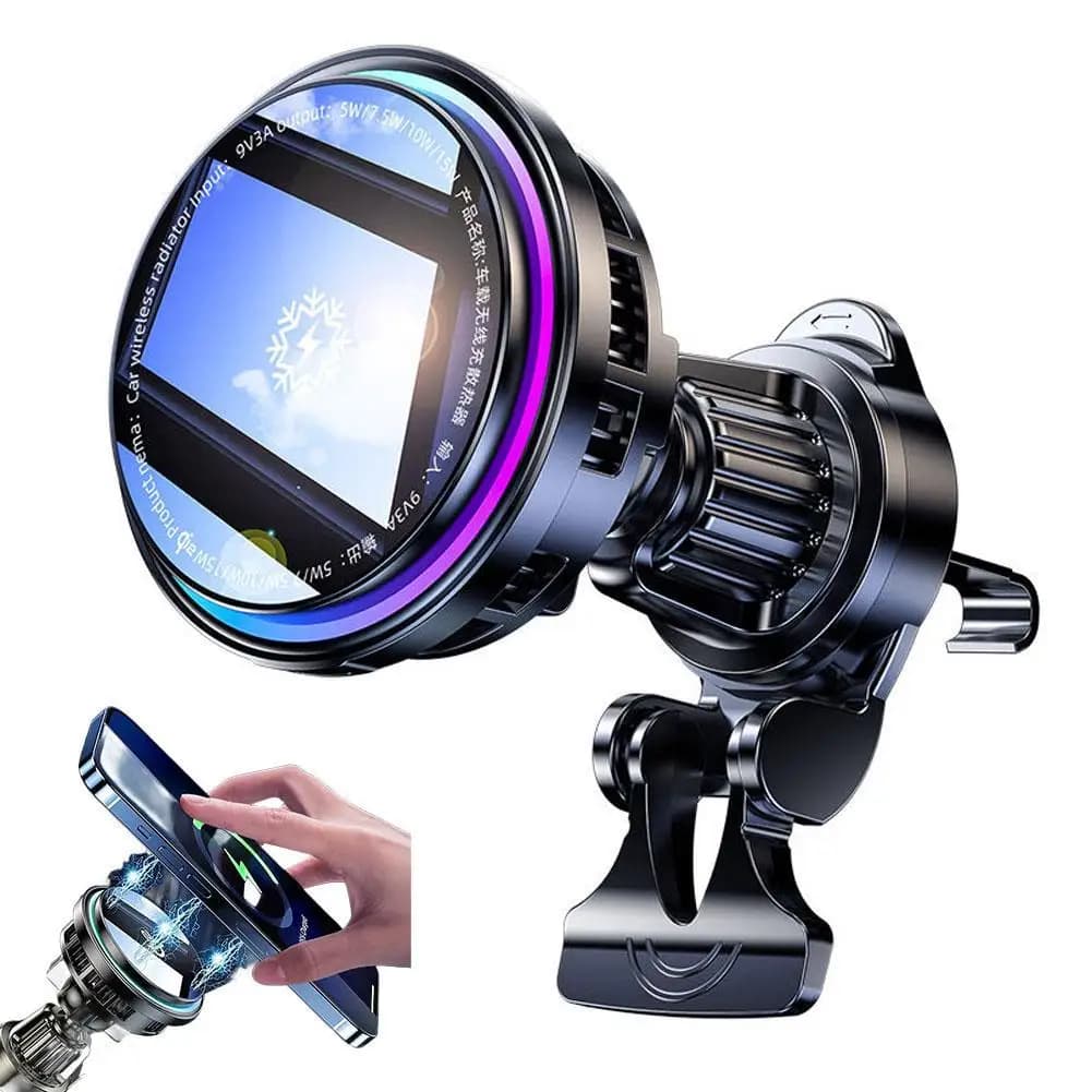 Magnetic car phone support with 15W wireless charging, fast charging station with cooling for navigation while driving