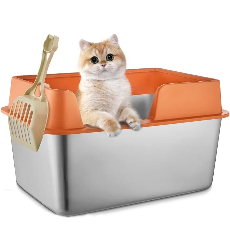Lettiera per gatti in acciaio inossidabile, lettiera per gatti antiaderente e a prova di perdite, lato alto, toilette per gatti con guscio facile da pulire
