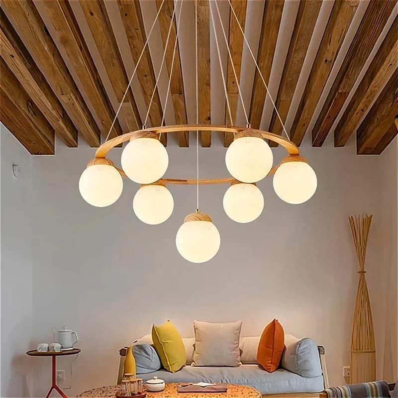 Lampadario a Sospensione LED in Legno Stile Nordico Moderno, Lampada ad Anello per Soggiorno, Sala da Pranzo, Camera da Letto, Luce Pendente con Sfera in Vetro Artistico, Arredamento Casa