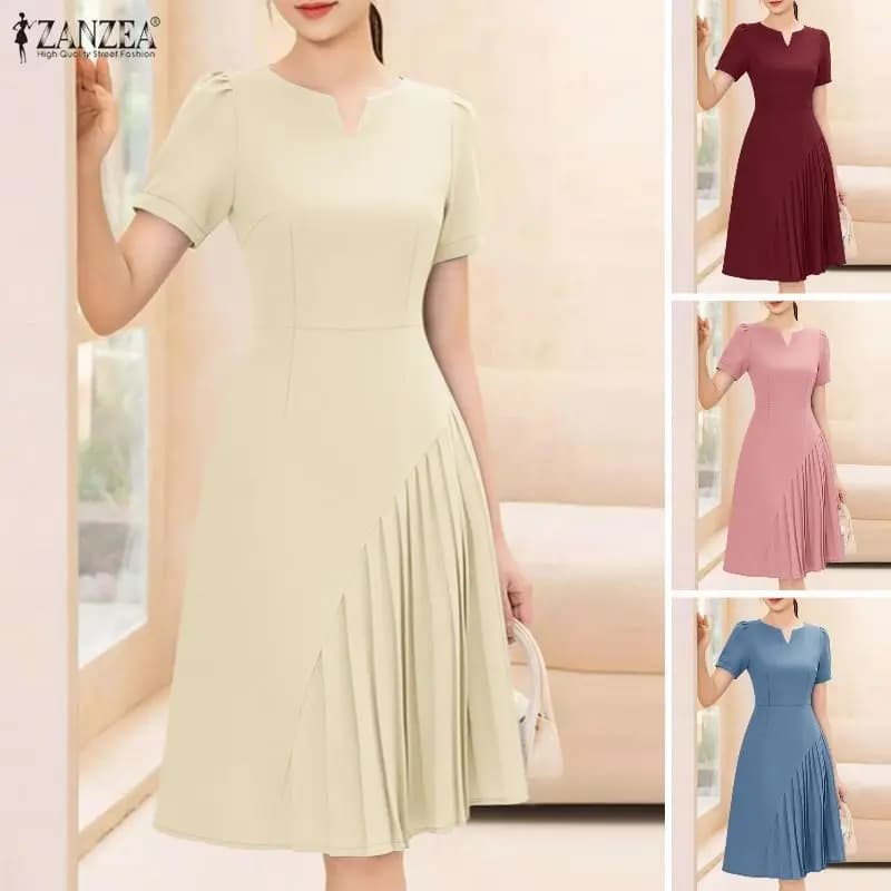 Abito Estivo 2026 ZANZEA Elegante da Donna con Scollo a V e Maniche Corte, Vestito Casual Tinta Unita al Ginocchio, Abito Elegante Plissettato