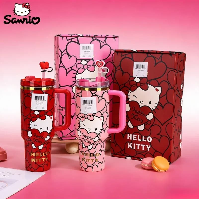 Sanrio Hello Kitty Tumbler Quencher da 40oz con Manico, Rosso Rosa, Tazza Portatile per Auto, Regalo Anime per Fan, Disponibile