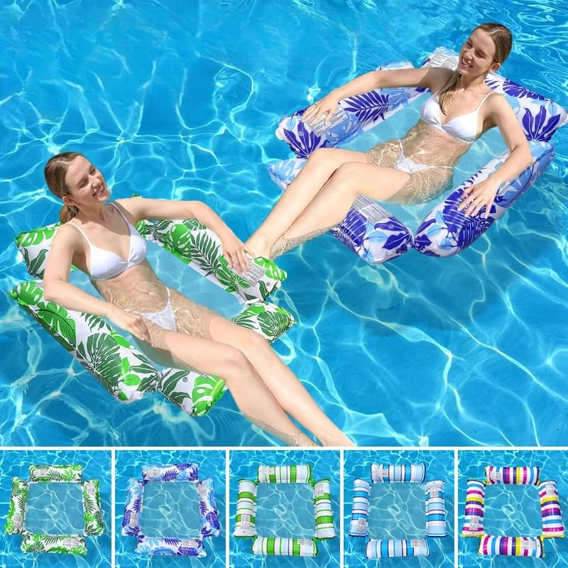 Summer Swimming Pool PVC Inflatable Float, Foldable Four Tube Water Striped Hammock, Adult Amusement Lounge Chair Floating Bed
