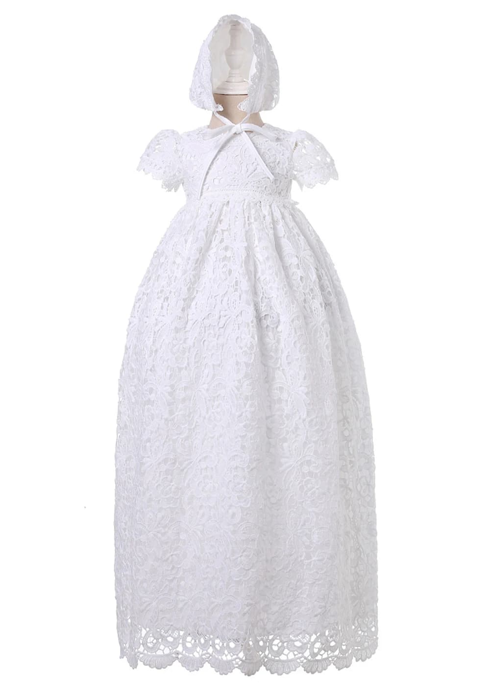 Abito da battesimo per bambina di lusso lungo fino al pavimento Abito da battesimo per matrimonio in pizzo ricamato con cofano Primo compleanno personalizzato 3-12M