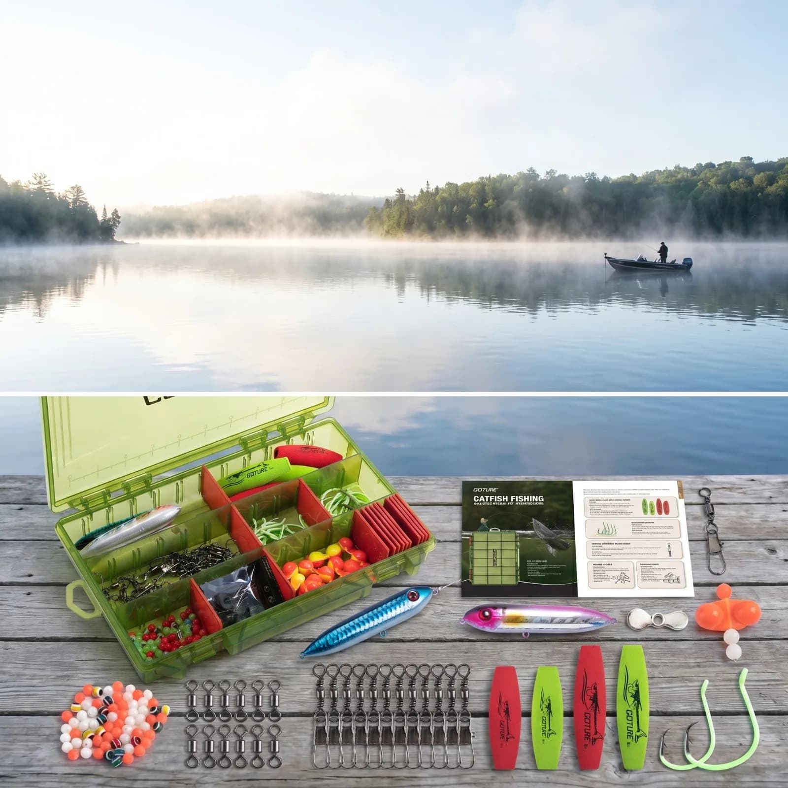 Goture 153pcs Catfish Rig Making Kit EVA Floats Glow Circle Hooks Swivels Beads with Tackle Box for Freshwater Catfishing Angler