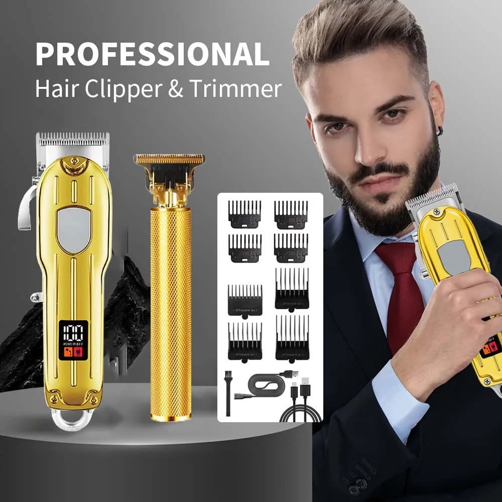 Set tagliacapelli elettrico 2 in 1 e regolabarba a T per uomo – Rasoio per barba senza fili e macchina per tagliare i capelli con display LCD, kit per la cura della persona ricaricabile tramite USB con 8 pettini guida