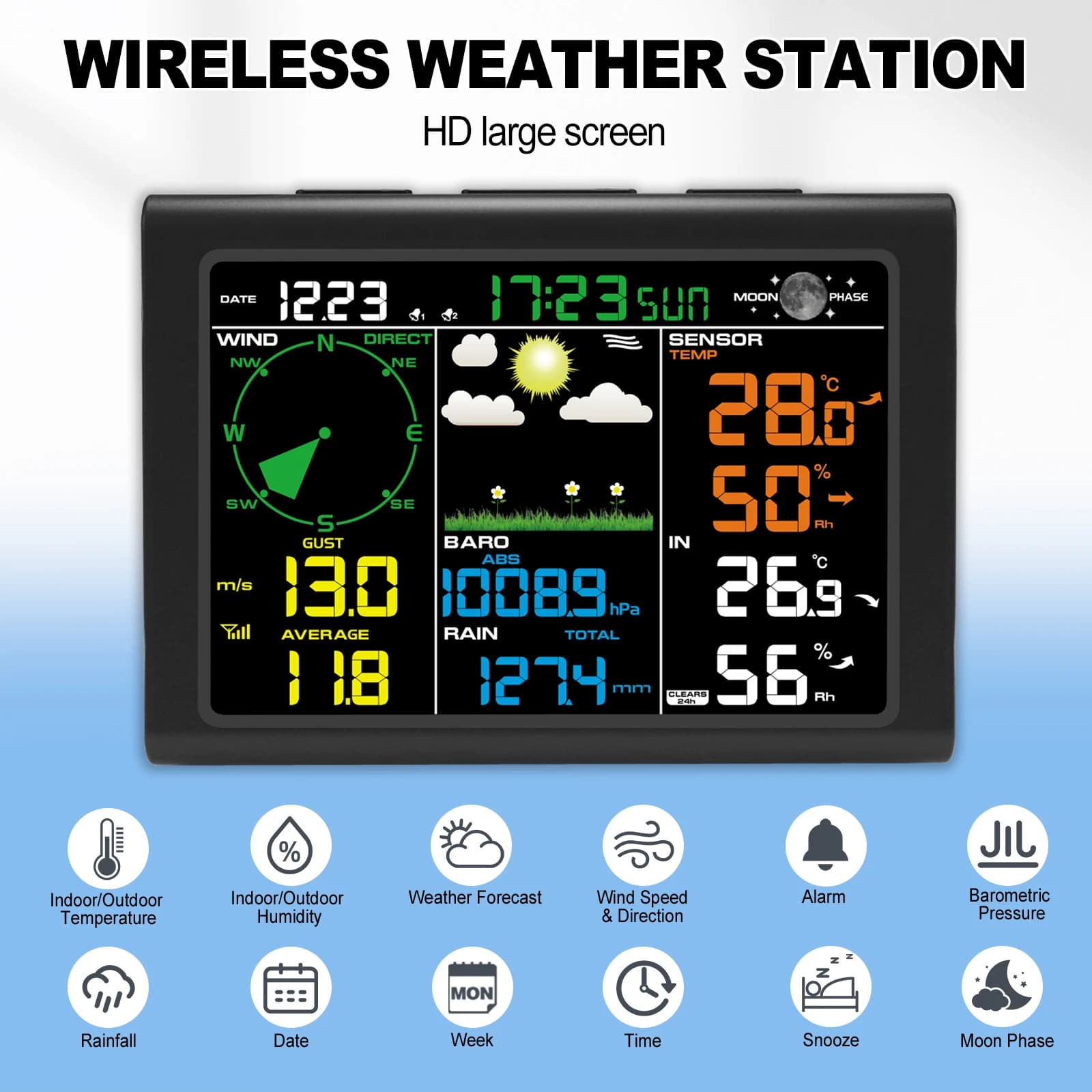 Digital wireless weather station with solar color display HD Inner/external temperature/Umidity Wind/rain meter Moon phases for the house