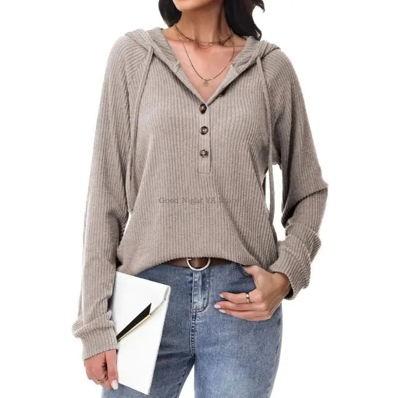 Felpa con cappuccio da donna con scollo a V, abbottonatura, pullover in maglia leggera, felpa a maniche lunghe