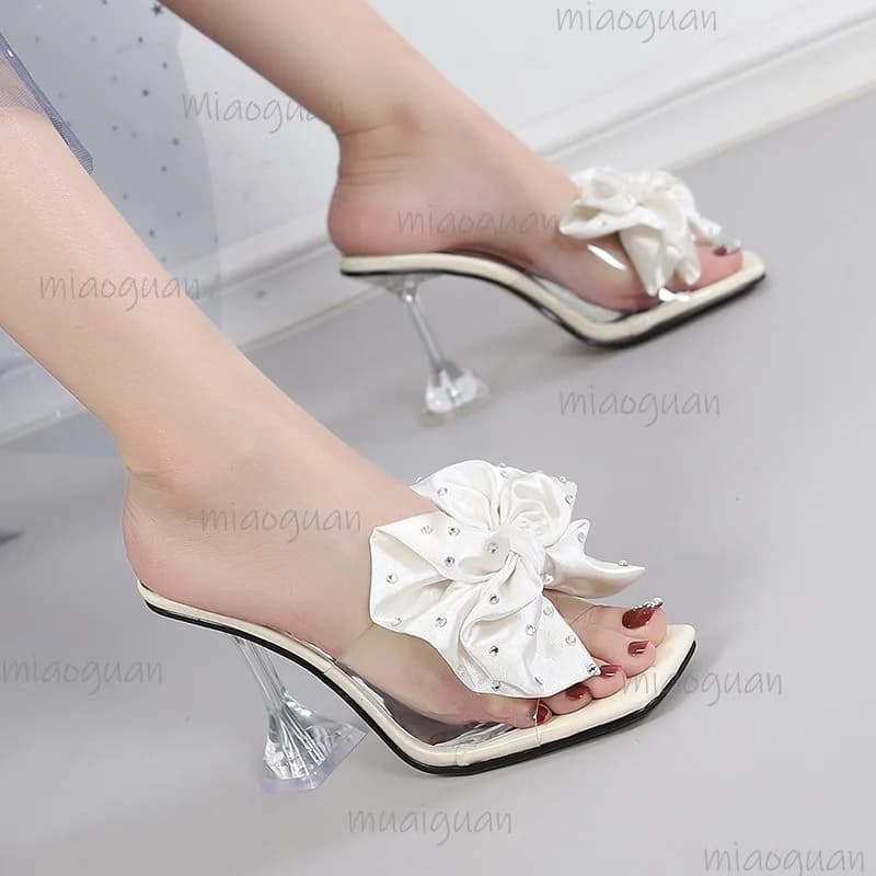Women's Rhinestone Bow Clear Heel Mules Square Toe Slip on Fashion Sandals Transparent PVC Stiletto Party Heeled Slides Zapatos