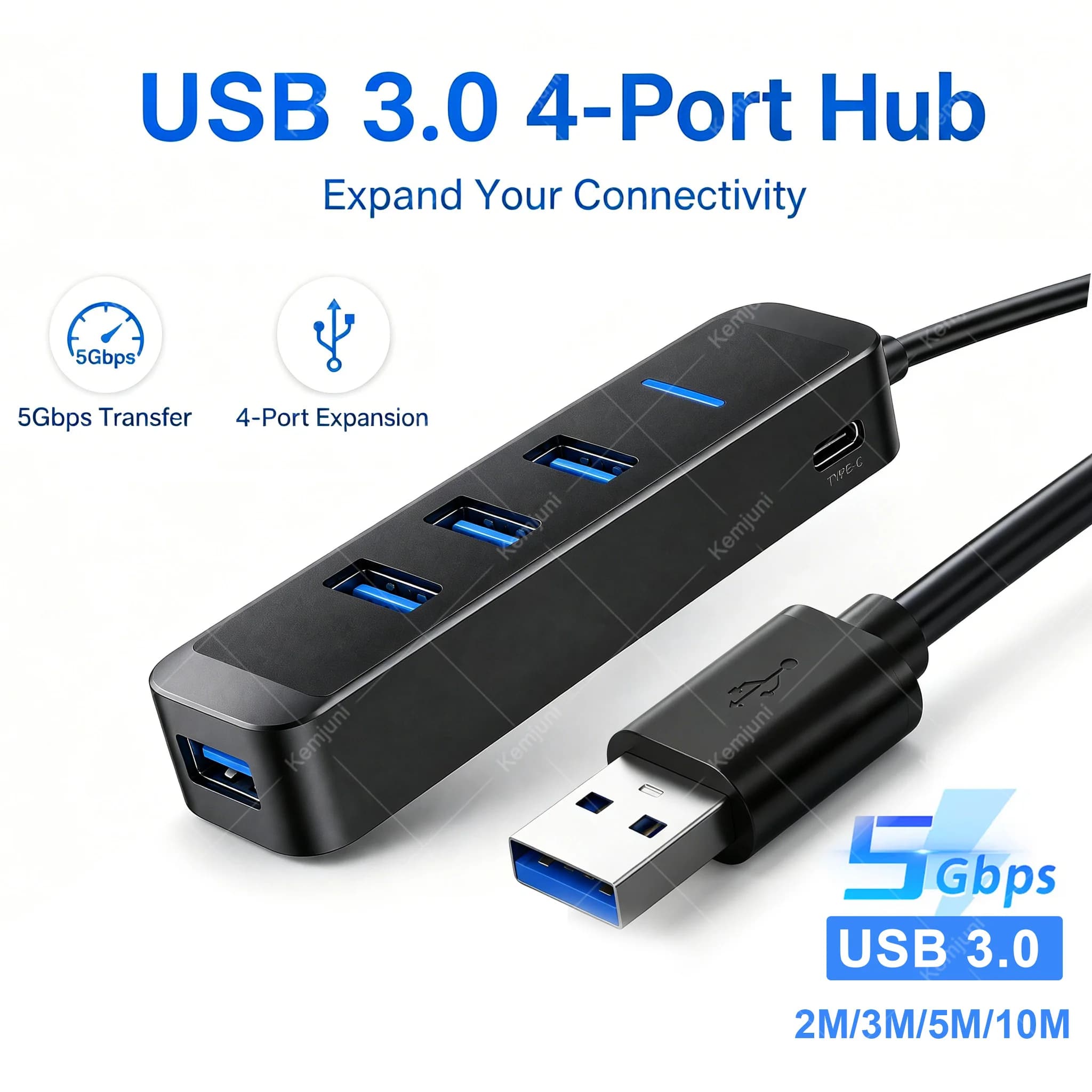 Hub USB 3.0 da 3M 5M 10M con Estensore ad Alta Velocità 5GBPS, Docking Station a 4 Porte, Hub Multiporta con Alimentazione Esterna Tipo-C