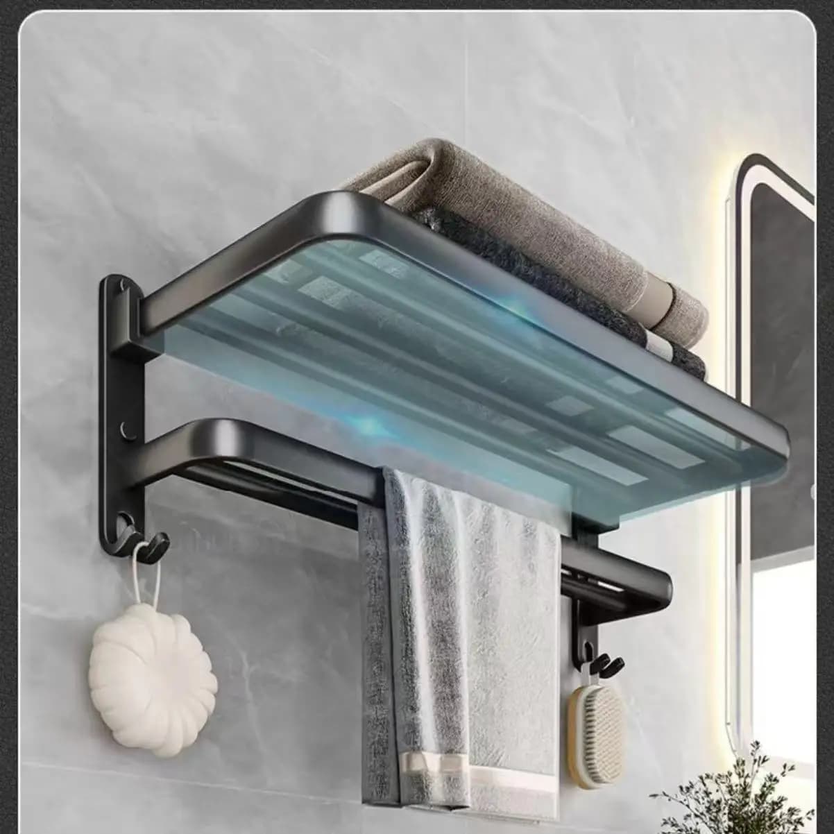 Portasciugamani Pieghevole Nero Opaco 50CM con Gancio, Portasciugamani da Parete in Alluminio