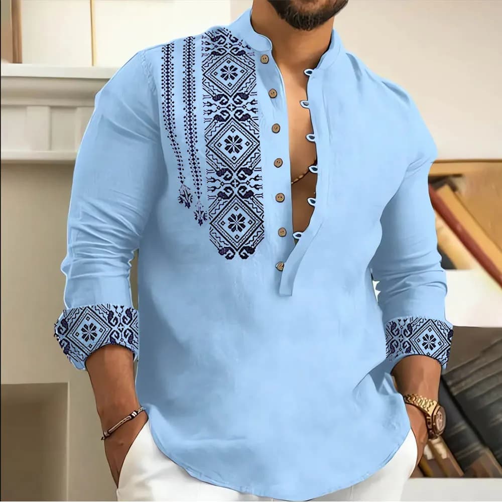 2025 Spring And Summer Fashion Casual Men Long Sleeve Button-Down Shirt Blouse Loose Henley V-Neck Beach Tops T Shirts As A Gift