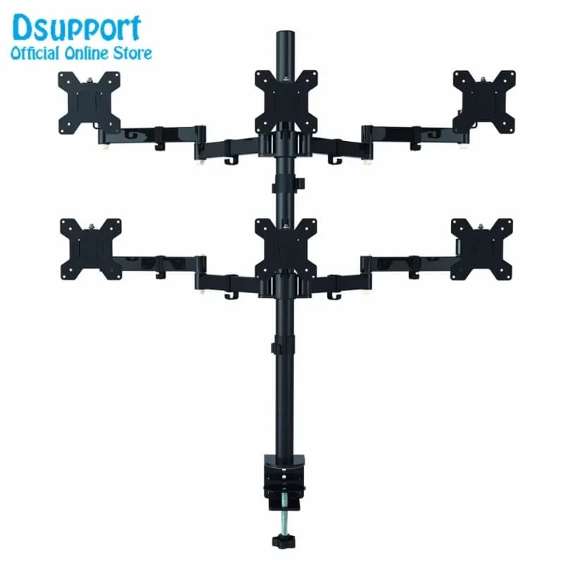 Table mounting bracket for six-arm LCD monitor for heavy loads with 6 fully adjustable screens and 180-degree traction
