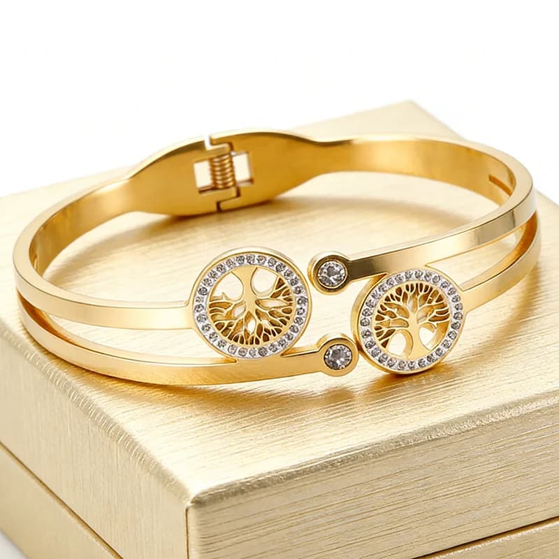 Elegante braccialetto a forma di cuore con albero della vita placcato in oro - Gioielli in acciaio inossidabile con cristalli CZ per la moda femminile
