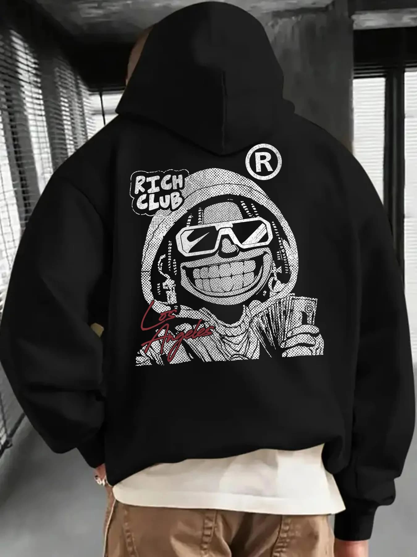 Felpa con cappuccio Rich Club da uomo con grafica divertente dei cartoni animati pullover oversize stile hip-hop casual, motivi stampati sul retro, felpe con cappuccio da uomo