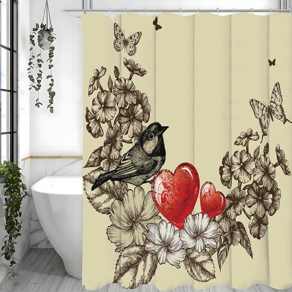 Tenda da doccia con farfalla per uccelli e fiori, tenda da doccia decorativa per il bagno, tenda da doccia impermeabile con ganci