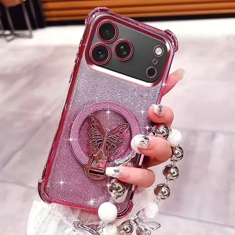 Custodia per telefono con supporto a farfalla e braccialetto di perline per iPhone 17 16 15 14 13 12 11 Pro Max Plus 17 Air, in silicone antiurto con glitter