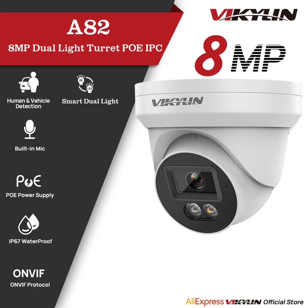 VIKYLIN 8MP IP Security Camera Poe 4K Smart Dual Light Audio Fixed Camera Human Vehicle Detection Support SD Storage ONVIF IP67 Home CCTV Outdoor surveillance camera