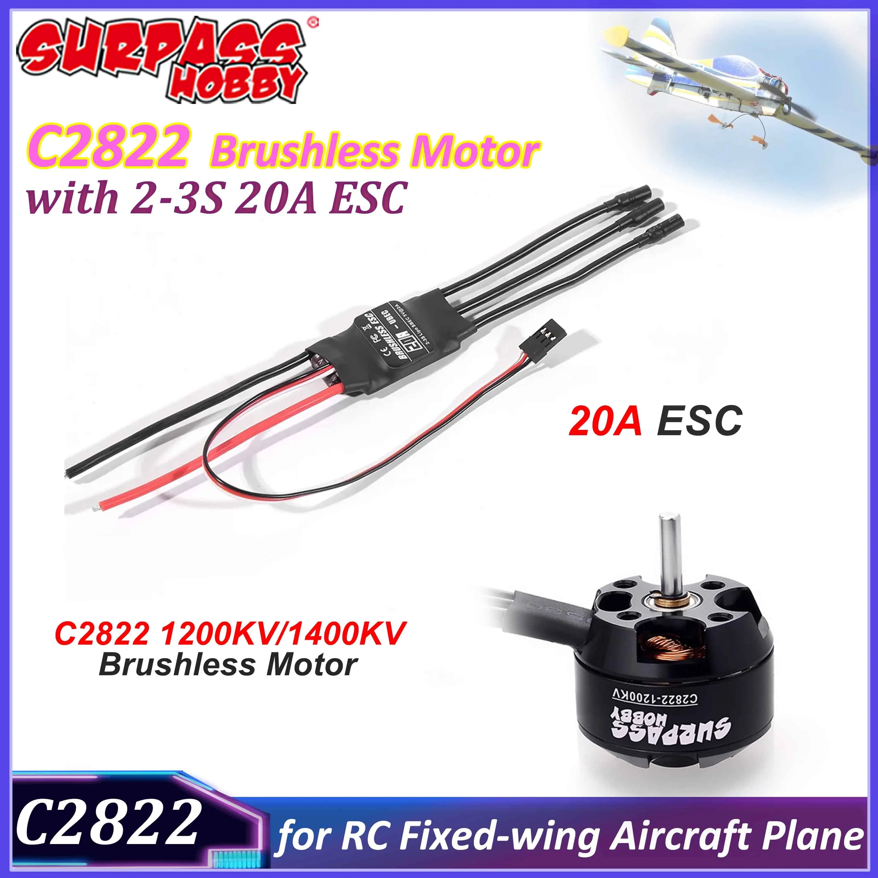 SURPASS HOBBY 2822 1200/1400KV Brushless Motor 20A ESC Combo 2-3S Speed Regulator for RC Air Fixed Aerial Fixed Rope Part