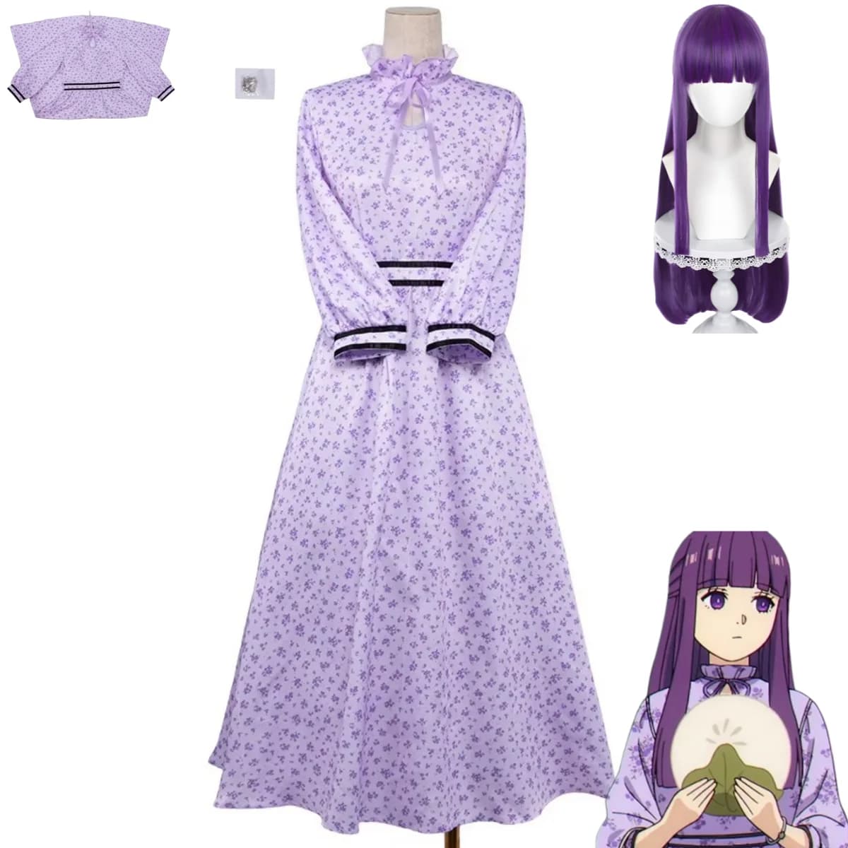 Costume da Cosplay Anime Fern, Parrucca, Abito Floreale Viola a Maniche Lunghe, Bracciale, per Donna Adulta, Sexy e Carino, per Halloween e Natale