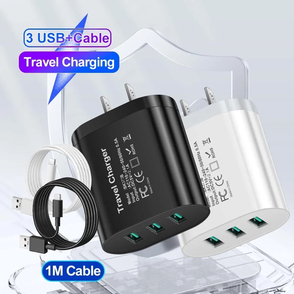 Caricatore per telefono USB a 3 porte 2.1A Ricarica rapida per Samsung Xiaomi Huawei iPhone Adattatore per telefono cellulare Spina UE/USA/Regno Unito