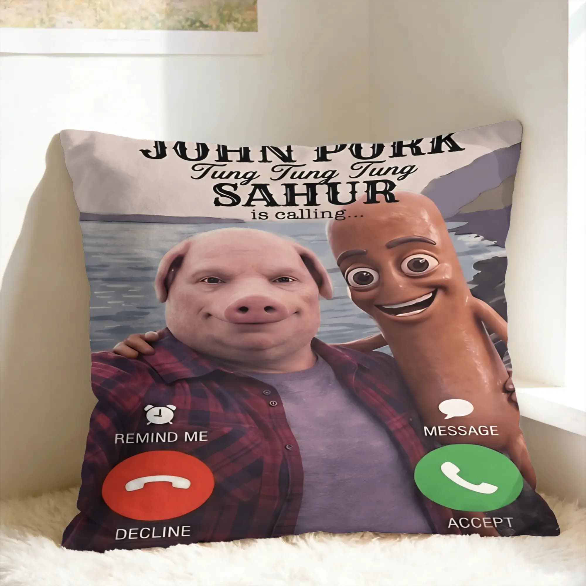 Pillow Cover John Pork Tung Sahur Brainrot calling Meme Funny Pillow Case For Couch Sofa Bedroom Pillowcases
