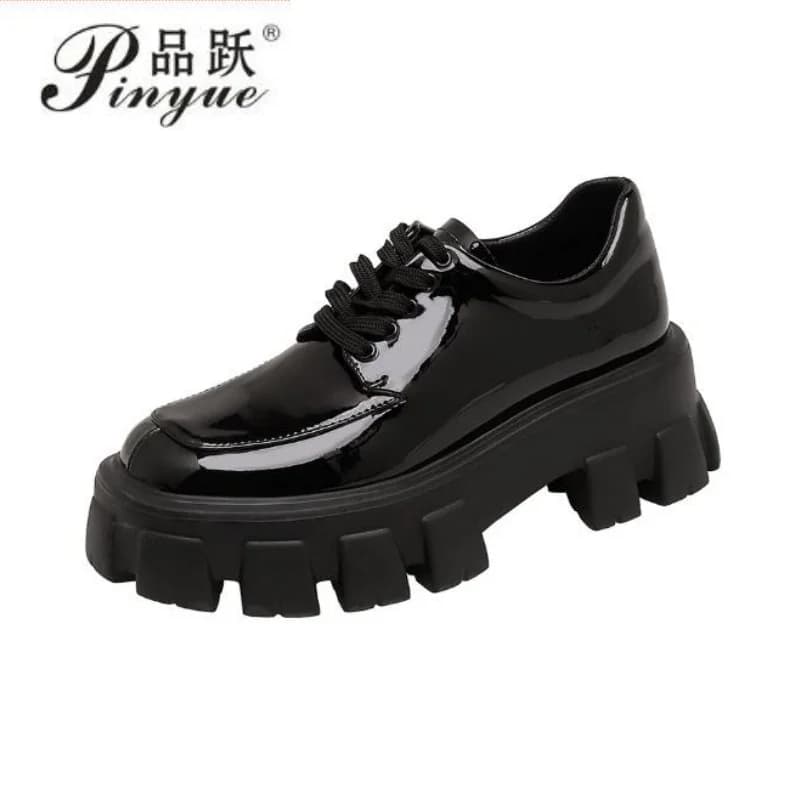 Mocassini in Vera Pelle con Rialzo Interno, Suola Spessa, Scarpe da Donna Taglie Forti, Stile Britannico Autunnale, con Lacci, Piccole Scarpe in Pelle