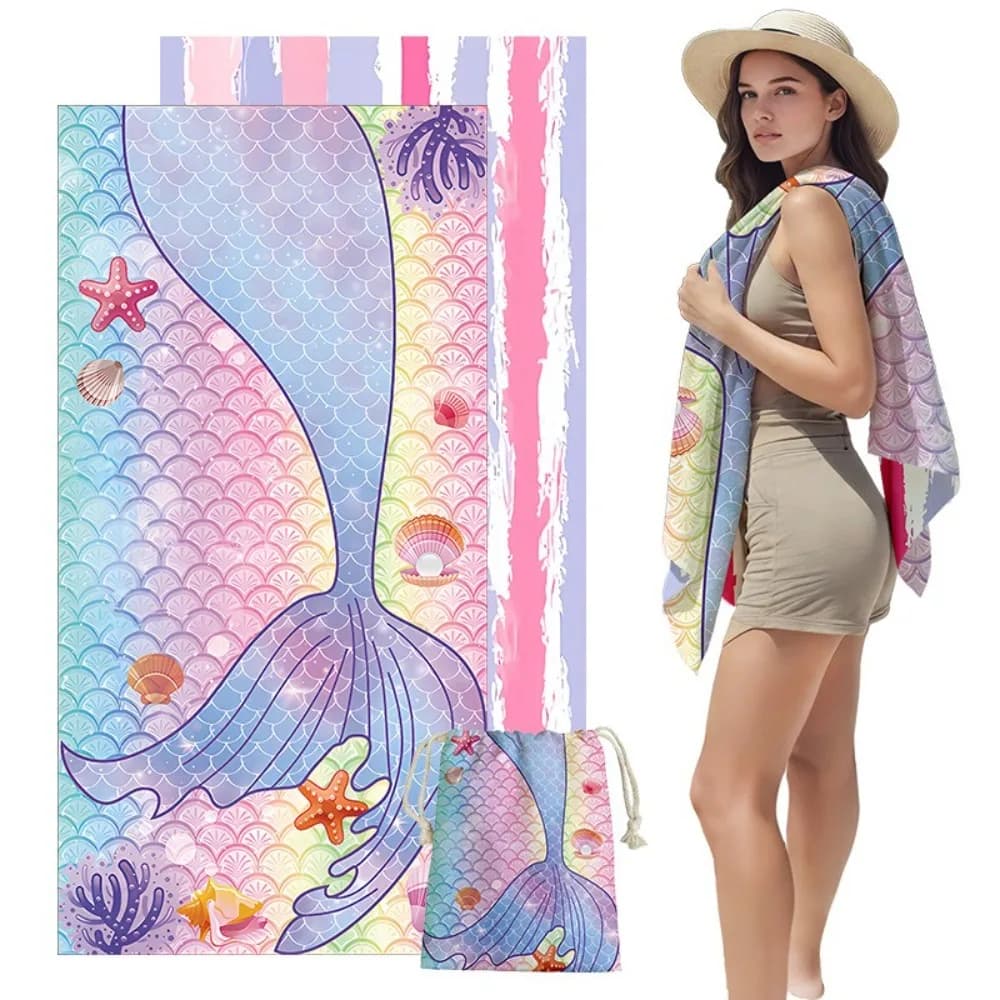 Teli da Spiaggia con Stampa Coda di Pesce e Borse Portaoggetti 31x63in, Asciugamano in Microfibra, Tappetino per Fitness, Nuoto, Yoga, Coperta per Campeggio e Picnic all'Aperto