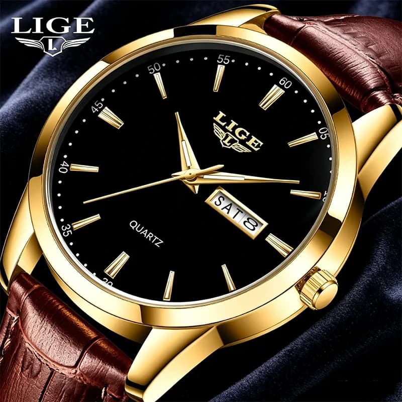 Orologi da uomo LIGE oro e nero, in pelle, luminosi, impermeabili, con calendario settimanale, semplici, per uomo, Relogios Masculino + SCATOLA