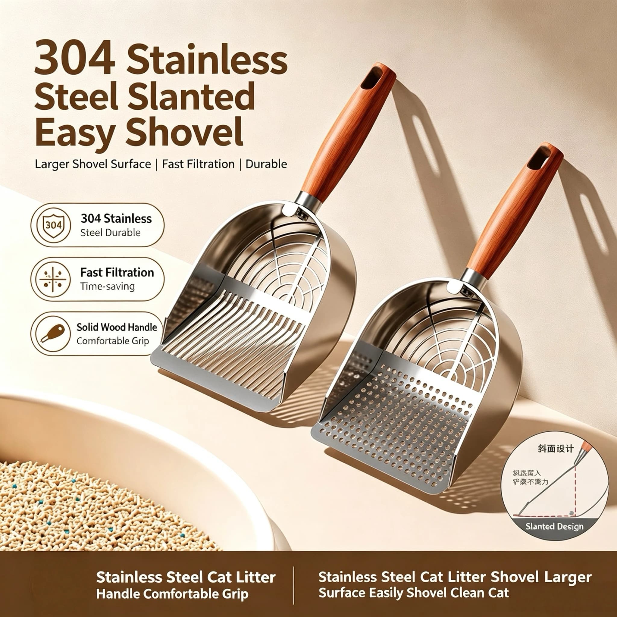 Stainless Steel Cat Litter Shovel, Fine Hole Thickened Long Handle Shovel, Cat Litter Hollowed Out Shovel, Pet Poop Scoop, Artif
